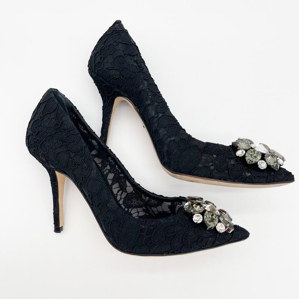 Dolce & Gabbana Bellucci Black Lace Crystal Brooch Pointed Toe Pumps Heels IT 36 - Picture 3 of 10